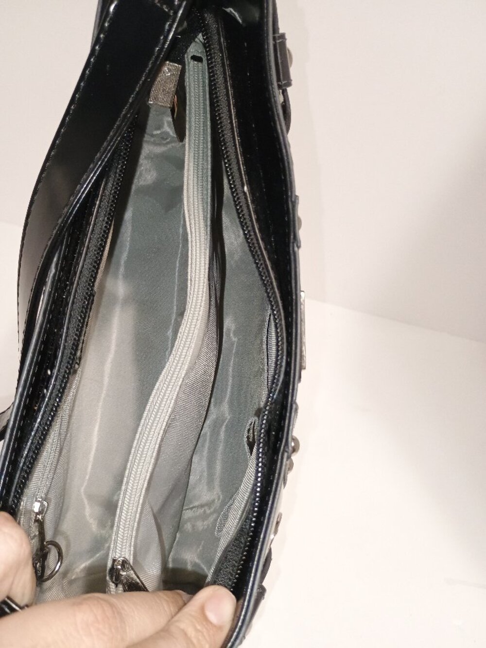 Beijo Classic Black Patent Leather Look Studded Shoulder Bag Y2K Buckle Accent - Picture 9 of 12